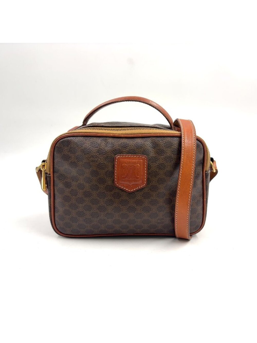 Celine Macadam Pattern Leather Brown Shoulder Bag Gold